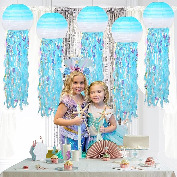 ADLKGG Hanging Jelly Fish Paper Lanterns, Gradient Colorful Blue Paper Lanterns for Mermaid Theme Party Under The Sea Ocean Birthday Decorations Baby Shower Baby Room, Set of 5