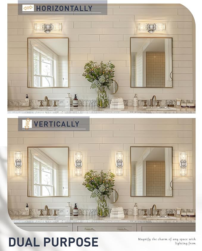 Bathroom Wall Sconces, HWH Brushed Nickel Wall Lighting for Bedroom, 2-Light Bathroom Light Fixtures with Bell-Shaped Clear Glass, Brushed Nickel Finish, 5HZG106B-2W BN