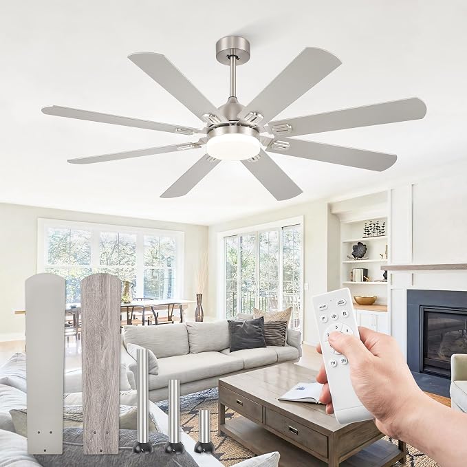 Fanbulous 62 Inch Outdoor Ceiling Fans with Lights,Nickel | Modern,6 Speeds,3CCT,Timer,Remote Control,Quiet Reversible DC motor,Large,8 Double-sided Blades,Easy Installation