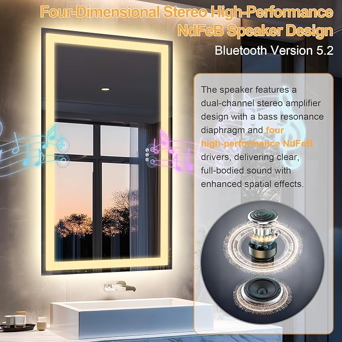 40"x28" LED Bathroom Mirror with Lights,Bluetooth Dual Speaker | Anti-Fog,3 Color Temperature,Dimmable Brightness,Memory Function,Waterproof,Wall Mount Design,Tempered Glass