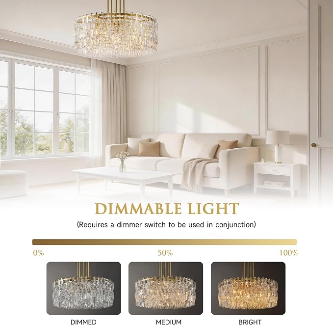 36'' W Round Single-Tier Crystal Chain Chandelier 9-Light E26 Modern Pendant Light, Burnished Brass Finish with 350+ Crystal Links, 79 Inch Adjustable Hanging Rod Ceiling Light, Gold