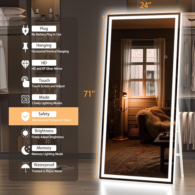 Hasipu Full Length Mirror with Lights, 71" x 24" LED Lighted Floor Standing, Full Body Dressing Hanging Mounted Mirror, Tempered Glass, Square White
