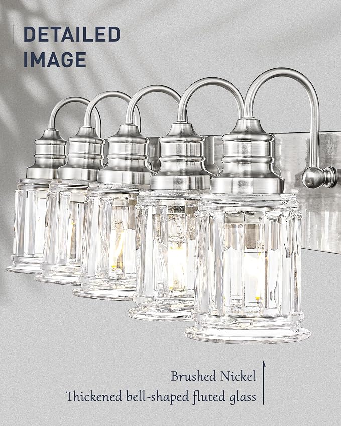 Bathroom Light Fixtures, HWH 5-Light Vanity Light, Modern Brushed Nickel Wall Lighting Over Mirror, Bell-Shaped Striped Glass, 5HZG106B-5W BN