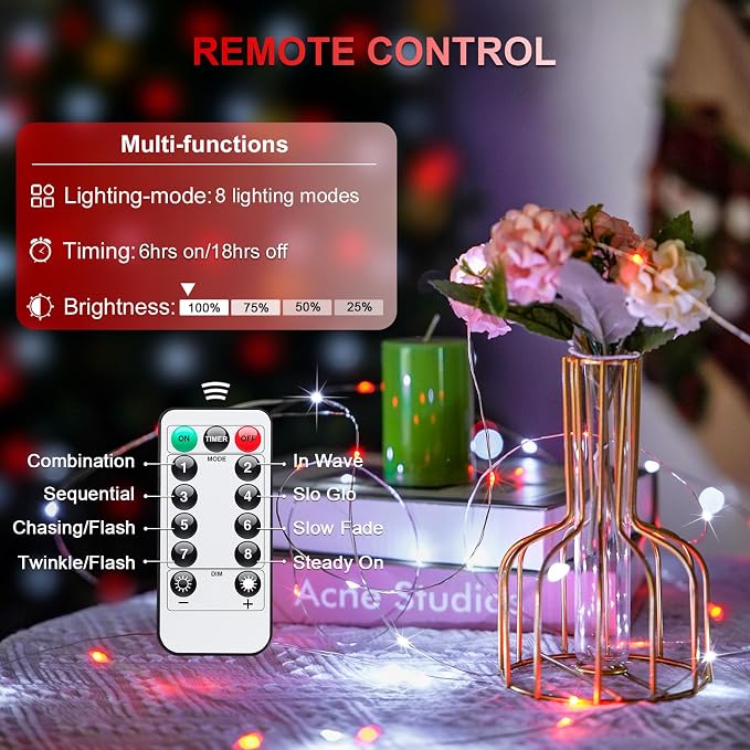 JMEXSUSS 2 Pack Fairy Lights Battery Operated, Red & White Christmas Lights | Total 200LED 66ft, Remote Control, Waterproof 8 Modes, Twinkle Lights for Bedroom Wreath Mantel Christmas Tree Decor