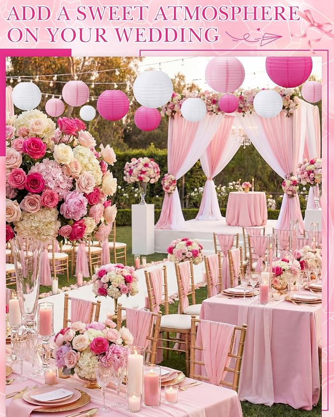 Treela 48 Pcs Paper Lanterns Party Decorations Round,Pink,White | Chinese Hanging Lamps, Wedding, Party Supplies, Birthday Bridal, 4/6/8/10 Inch, Easy Setup, Asian Decor, Festive Atmosphere