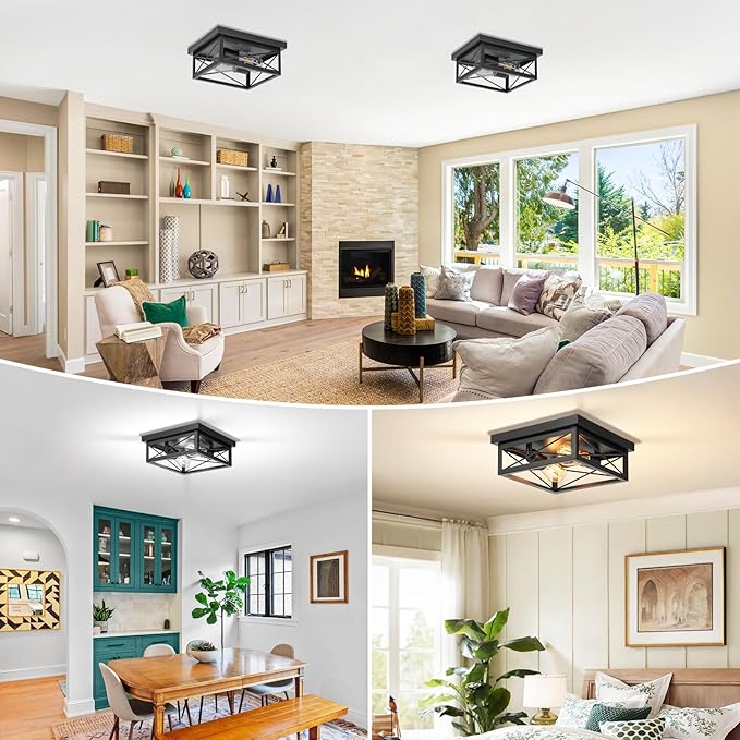 2-Light Industrial Square Flush Mount Ceiling Light, Farmhouse Ceiling Light Fixture for Kitchen, Modern Black Close to Ceiling Light for Hallway Bedroom Balcony Porch Stairway, E26, 2-Pack
