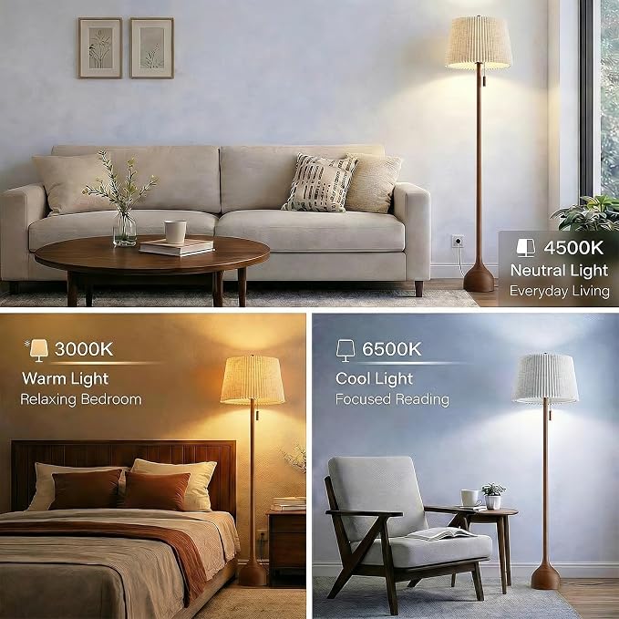 MOFFE Mid Century Modern Real Wood Floor Lamp with 2 Shades for Two Looks | 65" Tall,Sculptural Teardrop Base,Wooden Pull Chain,Vintage Standing Lamp,Linen Shades,Living Room,Bedroom, Bulb Included