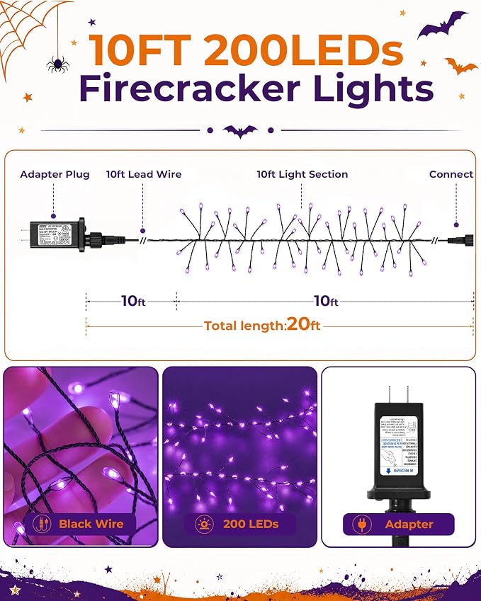 Halloween Fairy Lights Plug in, String Lights for Halloween Decorations | 10FT 200LEDs, 1 Pack with Remote, Orange&Purple, Waterproof Firecracker Lights for Window Bar Haunted Theme Halloween Decor