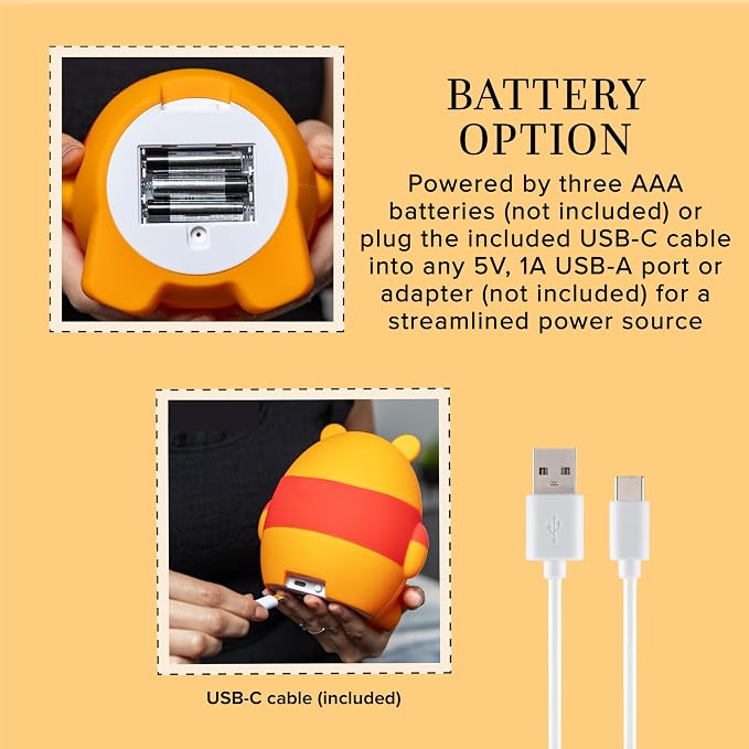 Disney Squish'ems Winnie the Pooh Night Light for Kids, Soft Silicone | Dimmable Kids Bedside Lamp, Light for Nursery, Kids Room, and Bedroom, USB Powered with AAA Battery Option