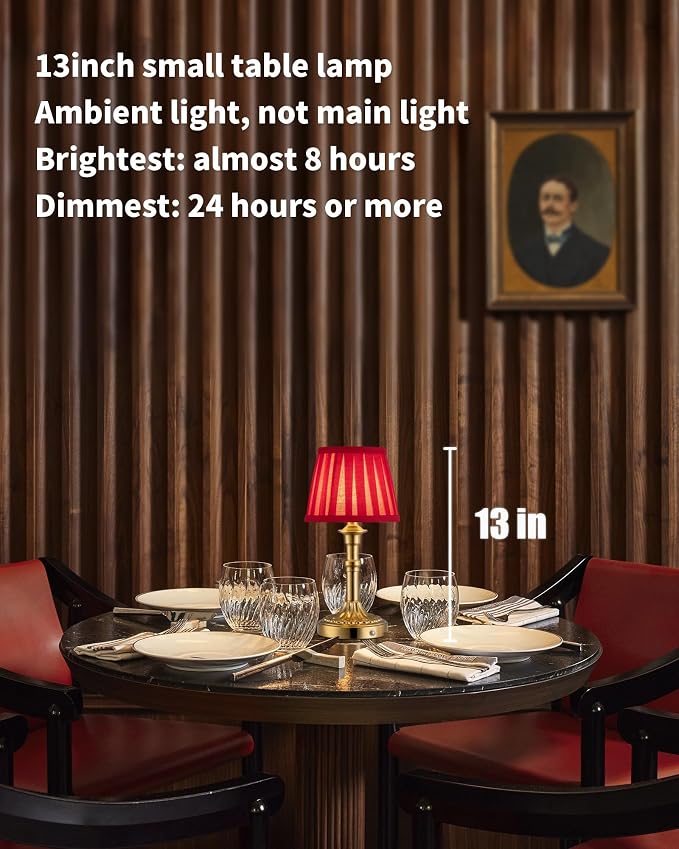 KDG Gold Cordless Table Lamps Set of 2, Red Fabric Shade Small Desk Lamp | Portables 4000mAh Battery Powered, LED Lighting, 2700K Stepless Dimmable, Light for Living Room, Dining Room, Bedroom