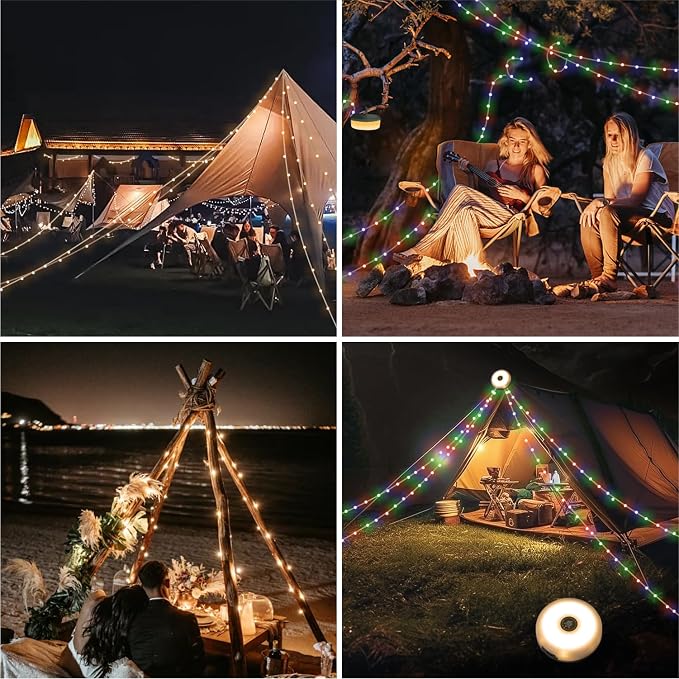 Camping Lights String Outdoor: 4 in 1 Christmas Outdoor String Lights with 8 Lighting Modes - 30s Recovery USB Charging - Portable RGB Camping String Lights for Camping, Hiking - 29.52ft