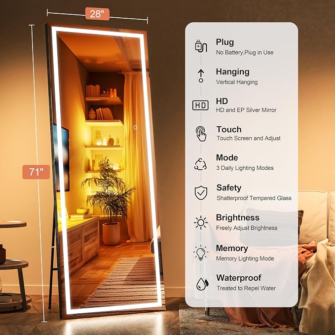 71" x 28" Full Length Mirror with Lights, LED Lighted Floor Standing Body Mirror, Dimmable & 3 Color Lighting for Bedroom, Cloakroom, Dressing Room, Tempered Glass, Black Frame