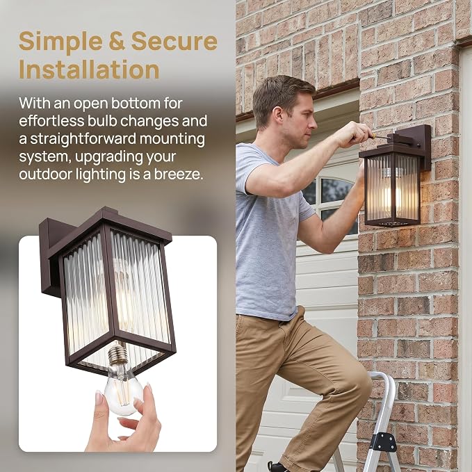 2 Pack Bronze Porch Light, Rust-Resistant Outdoor Wall Light | Corrosion-Resistant Metal, Waterproof, Textured Glass Cuts Glare, Easy DIY Install on Porch, Garage