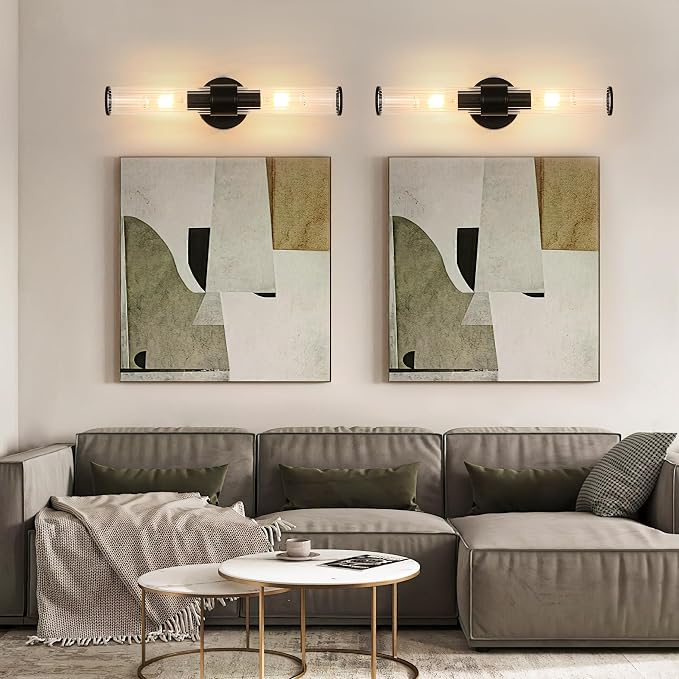 Morauroral Black Battery Operated Wall Sconces Set of 2, Rechargeable Wall Lights with Remote, 20 Inch Modern Wireless Wall Lamp for Bedroom, Living Room with Clear Glass Shade (Bulbs Included)