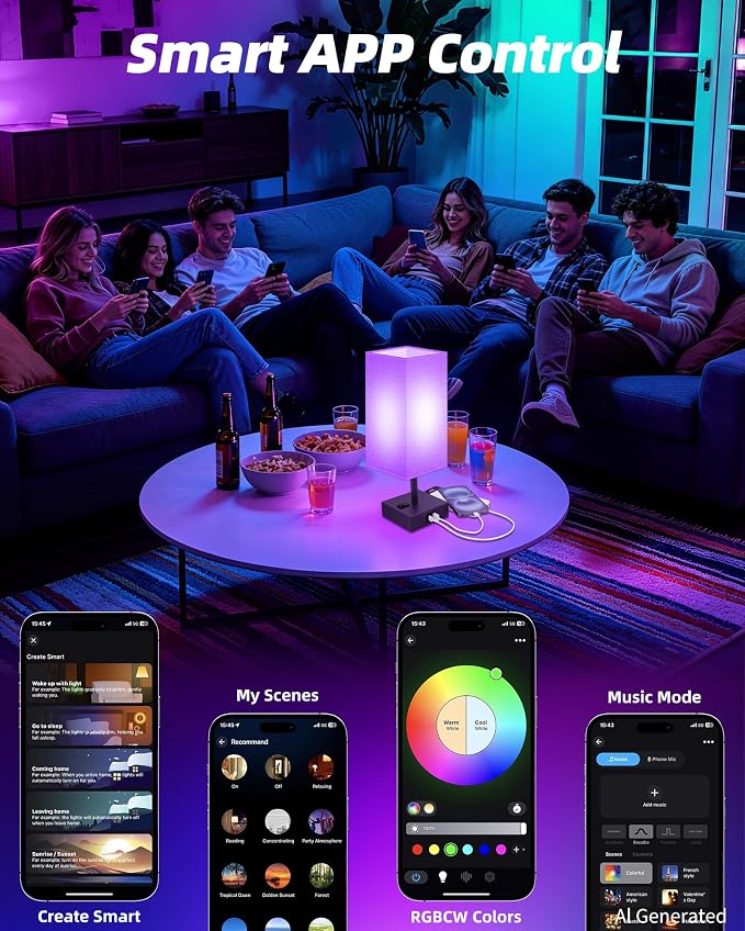 Set of 2 Smart RGB Dimmable Table Lamp Work with Alexa&APP&Remote Control | Bedside Desk Lamp with Charging Ports&Phone Stand, Music Sync Nightstand Lamp for Bedroom Living Room Office Dorm, Gray