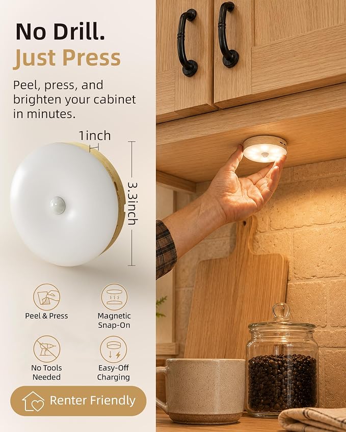 EZVALO Under Cabinet Lighting, 1000mAh Rechargeable Puck Lights with Remote, 3 Color Temps & 12 RGB Motion Sensor Closet Lights, Dimmable Under Cabinet Lights for Kitchen, Cabinets, Closet (3 Packs)