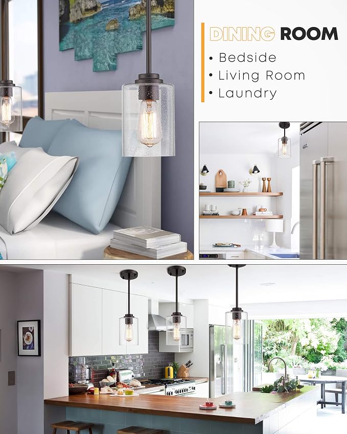 Beionxii Pendant Lights Kitchen Island, Farmhouse Pendant Light, 1 Pack | 4.7" Seeded Glass Pendant Light Fixture, Dark Bronze Finish, Hanging Light Fixtures for Kitchen Island Dining Room,BXD9002-1H