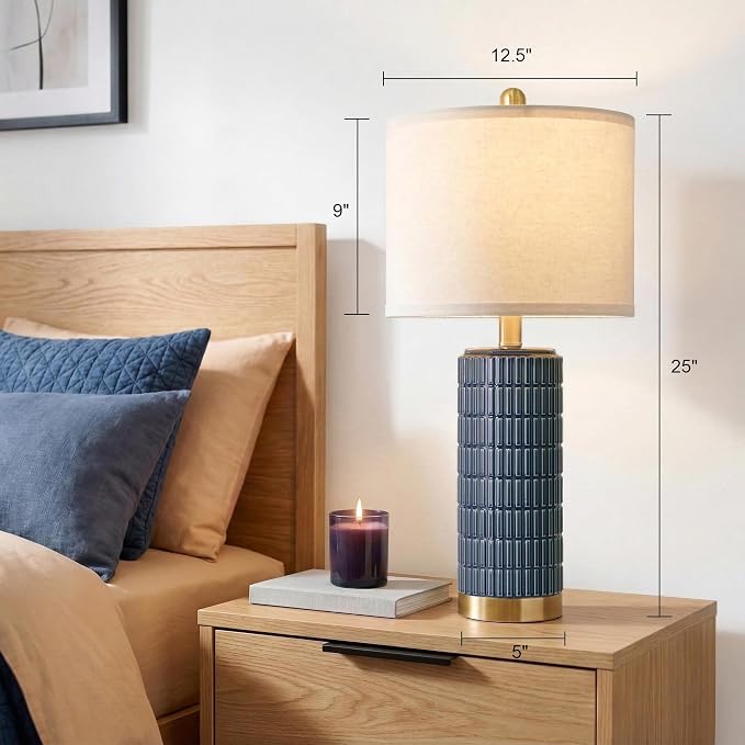 PoKat 25'' Blue Table Lamps for Bedroom Living Room Set of 2, Modern Ceramic Bedside Lamps with Gold Base for Office Sideboard Entryway Side End Table Nightstand Desk Lamps Home Gift (Dark Blue)