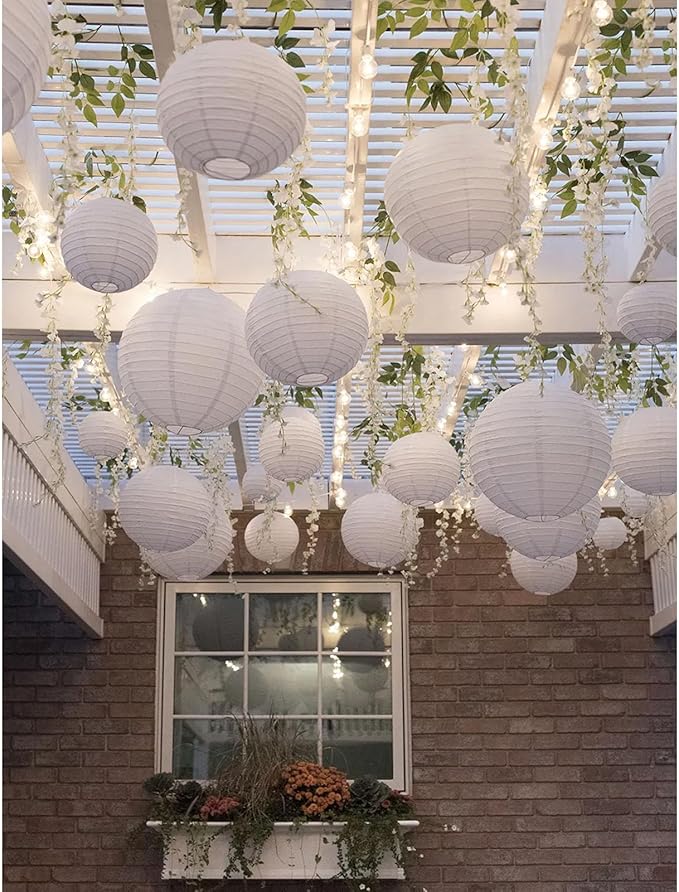 20Pcs White Paper Lanterns for Parties, 6” 8” 10” 12” Chinese Asian Hanging Round Paper Lanterns for Birthday Wedding Halloween Christmas Home Decor Party Decor
