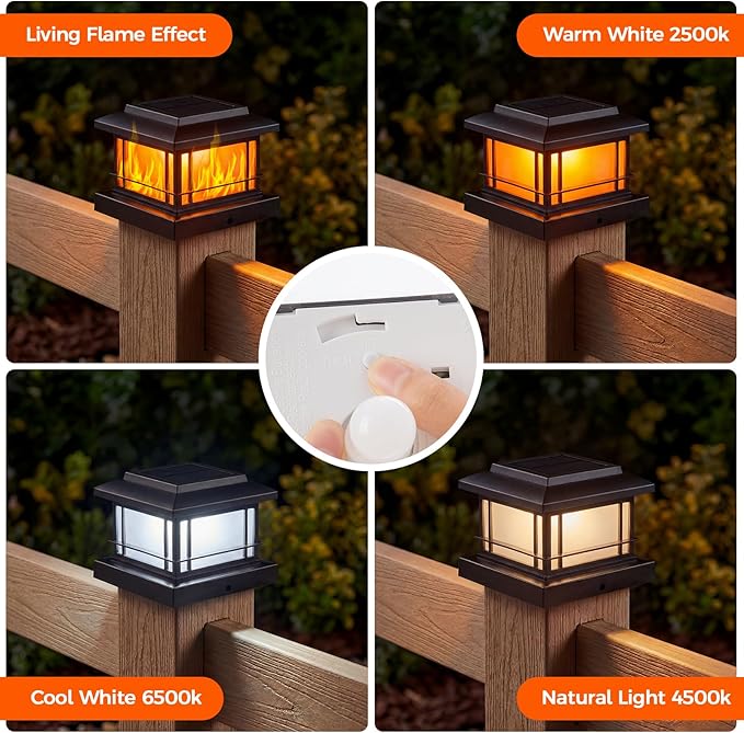JOFIOS Flickering Flame Solar Post Cap Lights Outdoor, Black Post Lights with 3 Color Temperature, Fits 3.5" 4" 4.5" 5" Wood/Vinyl Posts, IP64 Waterproof Fence Deck Lights for Garden Patio Yard 6 Pack