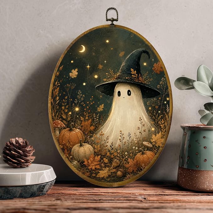 Ghost Witch Pumpkin Oval Wall Art, Framed Canvas Decor, 8.5x11.5 Inch | Cute ghost in witch hat, pumpkins, fall leaves, mushrooms and crescent moon decor
