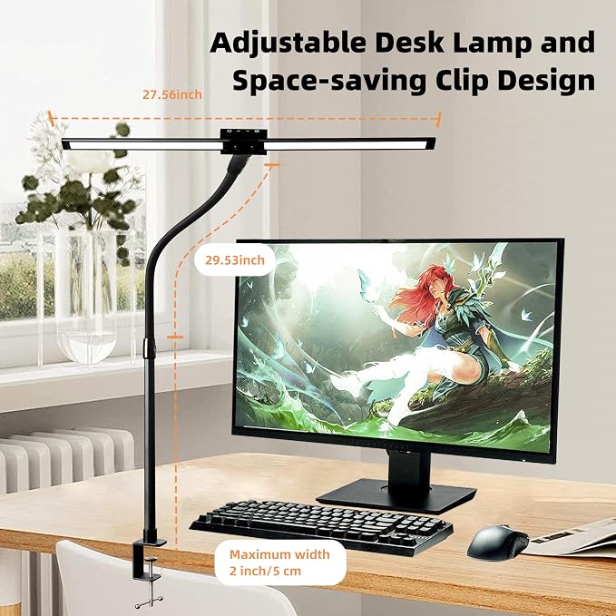 Led Desk Lamp with Clamp, Gooseneck Remote Control Desk Light with Eye Protection, 24W Ultra Bright Stepless Dimming and Tempering LED Desk Lamp for Home Office, Bedroom, Study