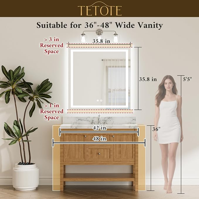 36 x 36 Inch LED Bathroom Mirror with Frontlit and Backlit, Brighter Light up Bathroom Vanity Mirror with Lights, 3-Color Dimmable Illuminated Anti Fog Mirror Wall Mounted, Waterproof