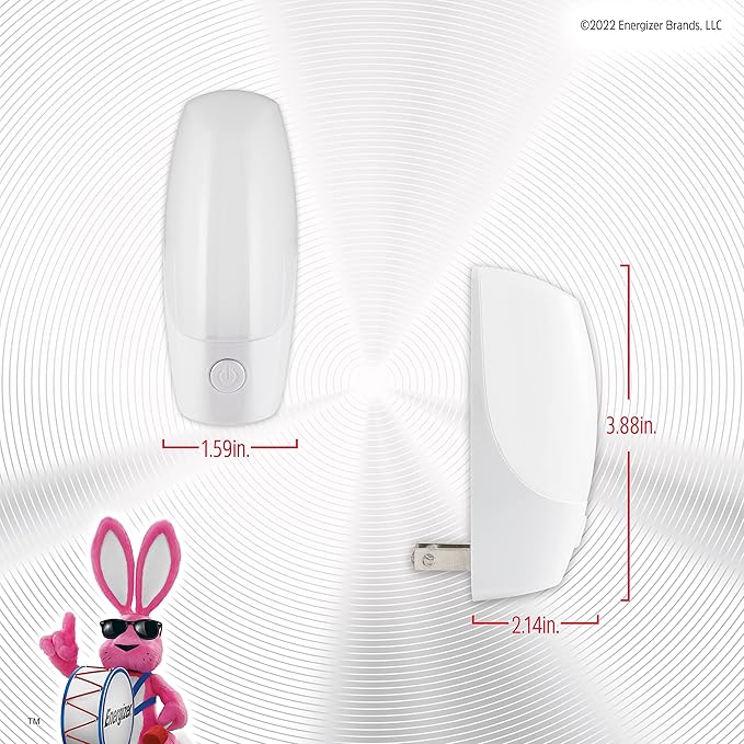 Energizer Manual On/Off LED Night Light Plug-in, Push Button, Compact, Contemporary, for Bedroom, Livingroom, Hallway, Bathroom, Nursery, Basement, White, 84135, 2 Pack