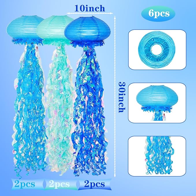 10" Blue Jellyfish Paper Lanterns - Under the Sea Birthday & Mermaid Party Decorations, Ocean and Beach Theme Indoor Outdoor Hanging Decor, Baby Shower, Nautical Events (Set of 6)