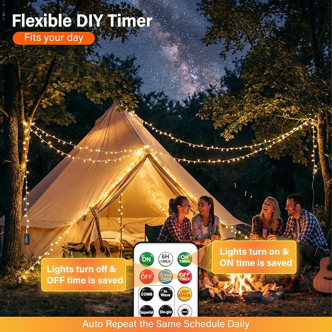 ZSJWL Rechargeable Fairy Lights with Remote，33ft 100 LED Outdoor Battery String Lights with DIY Timer & Light Sensor, Waterproof Dimmable Twinkle Light for Tree Christmas Indoor, Warm White
