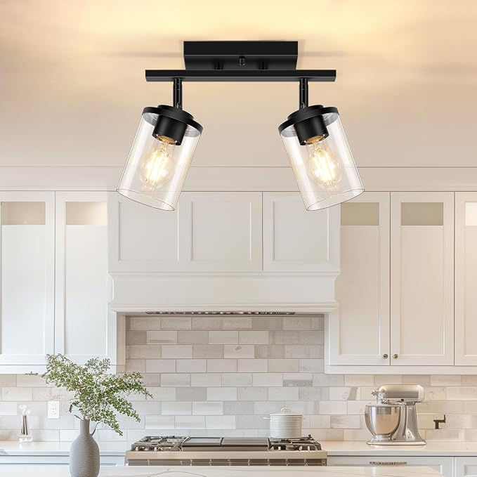FadimiKoo 2-Lights Semi Flush Mount Ceiling Light, Modern Black Kitchen Light Fixtures Ceiling with Clear Glass Shade, Multi-Directional Track Lighting Kit for Entryway Bathroom Bedroom