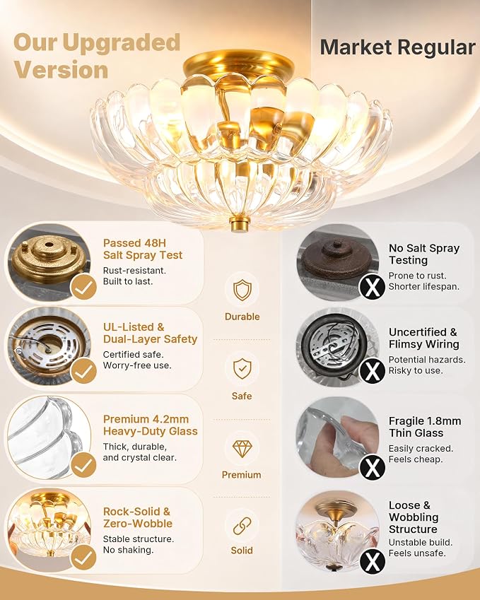 Semi Flush Mount Ceiling Light Fixture 14" Vinatge Gold Ceiling Lights Mid Century Modern Clear Glass Close to Ceiling Lighting Fixtures for Bedroom Hallway Kitchen Laundry Room Bathroom