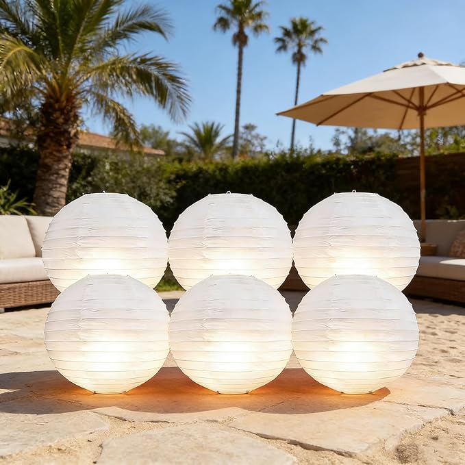 6PCS White Paper Lanterns 12Inch Round with Led Light New Year's Eve Wedding Anniversary Valentines Lantern Decorative Hanging Lanterns Lamp for Birthday,Christmas Graduation Party Indoor and Outdoor