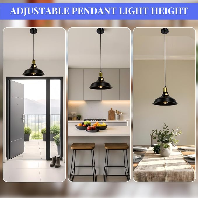 Pendant Lighting, Farmhouse Hanging Light Fixture for Kitchen Island & Dining Room, Industrial Vintage Ceiling Lamp with E26 Base, Adjustable Height, Black & Gold, 1-Pack