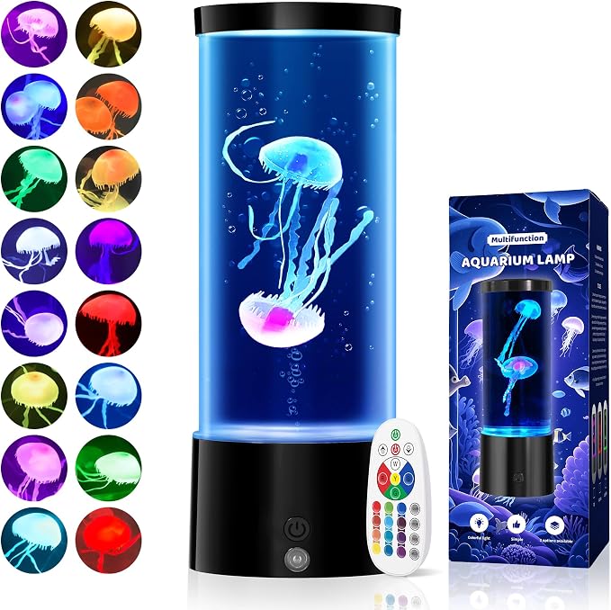 Mini Jellyfish Lamp with Remote, 17 RGB Colors & 4 Lighting Modes, Silent Water Flow Aquarium Night Light, USB-C or Battery Powered Decorative Mood Lamp for Home & Office