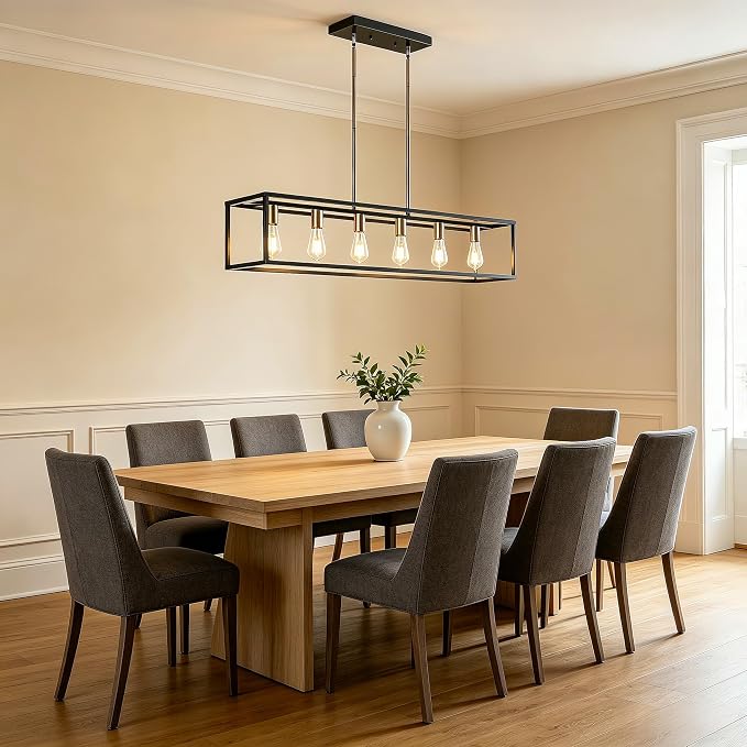 Rectangle Chandeliers Kitchen Light Fixtures Farmhouse Dining Room Light for Dining Rooms,Black&Brushed Brass Light Fixture Matte 6-Light Industrial Pendant Lighting