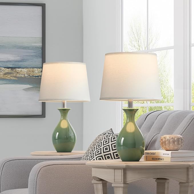 Table Lamp Set of 2, Modern Ceramic Bedside Lamps for Night Stands, Classic Small Lamp Nightstand Lamp for Bedroom Living Room Desk End Table Rocker Swtich Sage Green