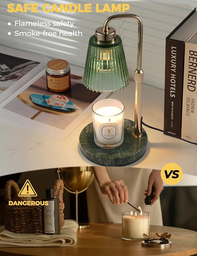 Marble Candle Warmer Lamp Green with Cycle Timer, Dimmable Wax Melt Warmer | 24h Cycle Timer Dimmable Wax Melt Warmer with 2 Bulbs, Fall Decor for Home Living Room Halloween Decorations Gifts for Mom