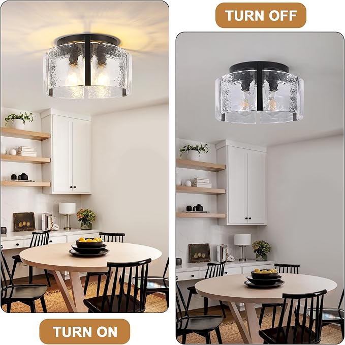 Black Semi Flush Mount Ceiling Light 15'', 3-Light Modern Farmhouse Glass Light Fixture, Dimmable Close to Ceiling Mount for Hallway, Kitchen Island, Entryway, Bedroom, Bathroom, Laundry Industrial