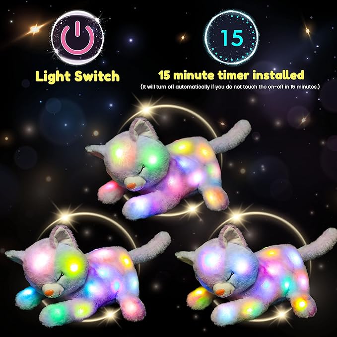 Hopearl LED Plush Cat Lighting Up Stuffed Mommy Cat with 3 Baby Kittens in her Tummy Stuffed Animal Playset Night Lights Glow in The Dark for Mom Kids Toddler Girls, Rainbow, 18''