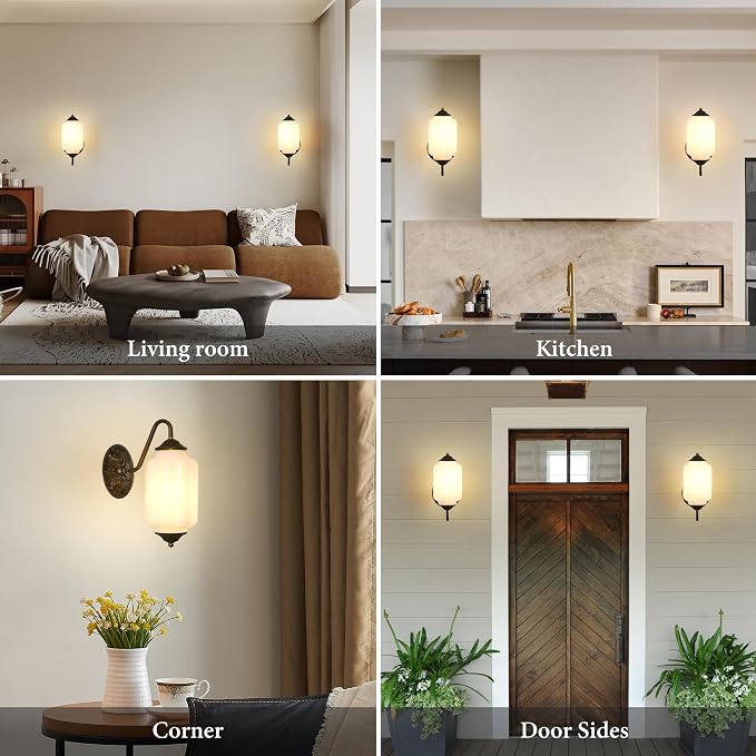 Vintage Milk Glass Wall Sconce - Set of 2,Antique Dimmable Sconce (Bulb×2) | Mid Century Brass Gold,Install Up or Down,Art Deco Retro Vanity Light Fixture for Hallway Bathroom Bedroom Bedside