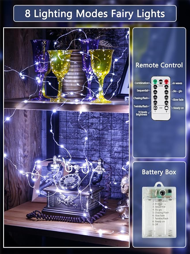 4 Pack Fairy Lights Battery Operated with Remote String Lights Cool White | Each 26FT 80LED, Waterproof Wire, 8 Modes & Timer, Cuttable Twinkle Lights for Christmas Tree Wreath Indoor Outdoor DIY Decor