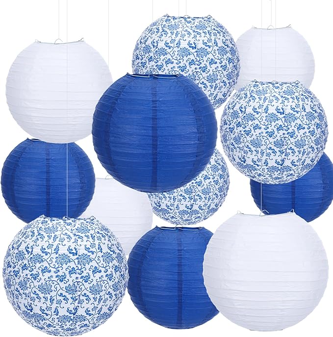 Riakrum 18 Pcs Chinoiserie Paper Lantern Set 10" 8" Blue and White Porcelain Print Round Lantern Chinese Japanese Hanging Decoration for Ceiling Wedding Birthday Party Home Decor