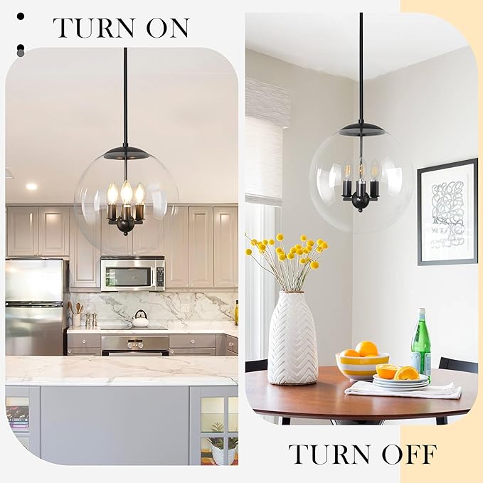 14" Globe Pendant Light 3-Light Black Mid Century Pendant Light Clear Glass Lights Kitchen Island Mid Century Adjustable Hanging Farmhouse Globe Fixtures for Living Room Lobby