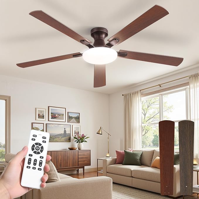 LEDIARY 60 Inch Flush Mount Ceiling Fans with Lights, Remote & APP Control | 3CCT,Stepless Dimmable,Memory Function,Timer,6-speed,Reversible Blade, Quiet DC Motor, Damp-Rated, Living Room, Covered Patio