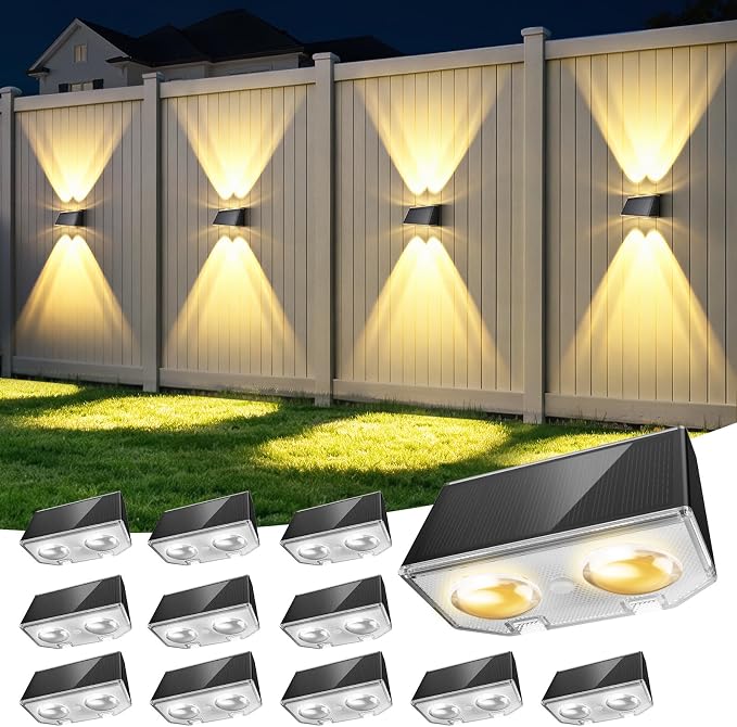 LANSOW Solar Fence Lights Outdoor 12 Pack, Fence Lights Solar Powered Waterproof, 10-Mode Warm/Cool/Neutral White & RGB, Up-Down Led Wall Lights Dusk to Dawn Decor for Yard, Deck, Patio, Pool, Railing
