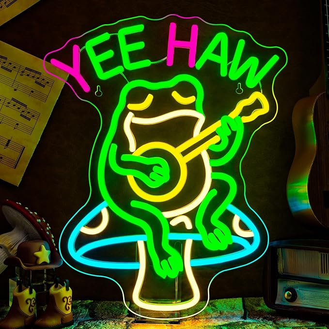 Yee Haw Frog Neon Sign Cowboy LED Light Bar Decor Man Cave | Dimmable Funny Frog Guitar Light Up Sign for Pubs, Game Rooms, Music Rooms & Cowboy Fans, LED Wall Decor, Easy Mount, USB