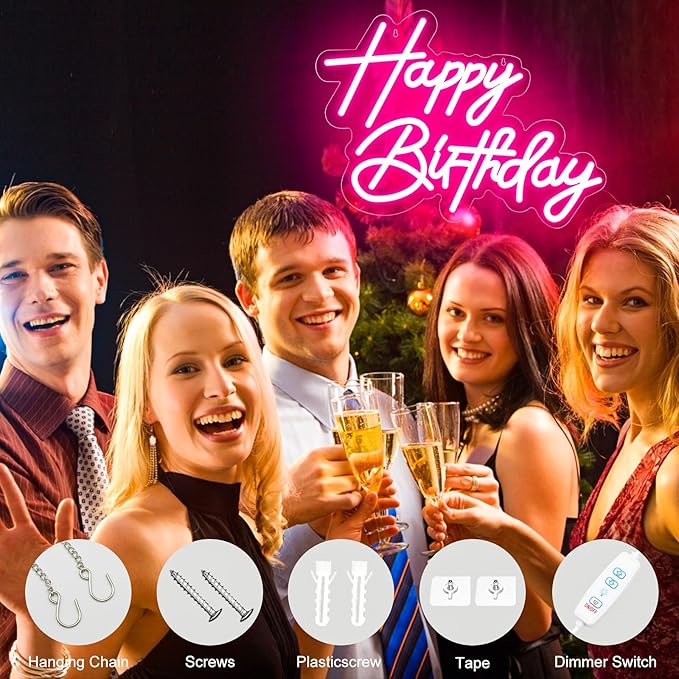 Happy Birthday Neon Sign for Wall Decor, USB Powered LED Neon Sign with Dimmable Brightness, Ideal for All Ages Birthday Parties and Celebrations, With 2 Pcs Birthday Cards (17×12 Inch)
