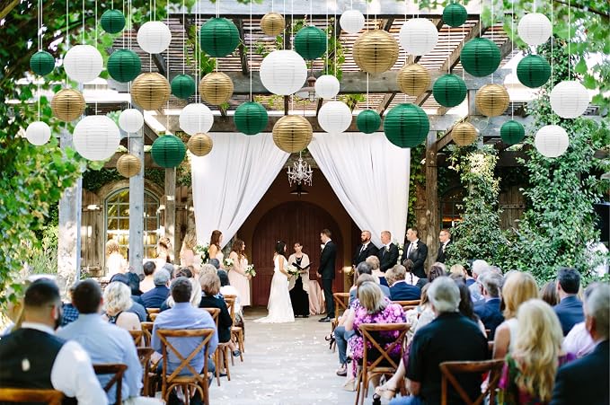 21-Pack Green Gold Paper Lanterns Party Decorations | Round Hanging Lantern for St. Patrick's Day, Graduation, Wedding, Tropical Jungle Theme Birthday, Football Theme Baby Shower