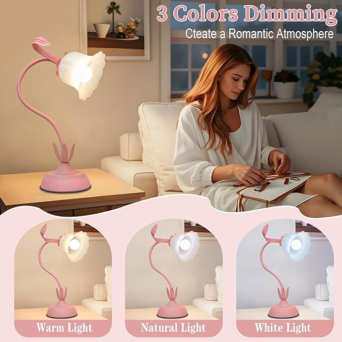 Vintage Flower Table Lamp, 3 Color Temperature Flexible Gooseneck Cute Small Desk Lamp for Bedroom, Kawaii Nightstand Bedside Lamps for Living Room, Dorm, Office, Home Decor (Pink) (Pink)